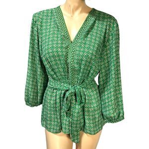 Max Studio Green Print Blouse Tie Front Long Sleeve Smocked Back Size L Large